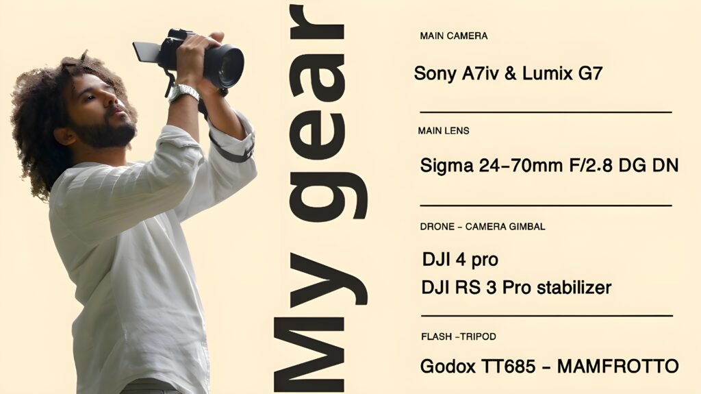 Foto van alle professionele gear van Record Studio – camera’s, lenzen, drones, verlichting en accessoires voor video- en fotoshoots voor bedrijven, evenementen en bruiloften in Nederland